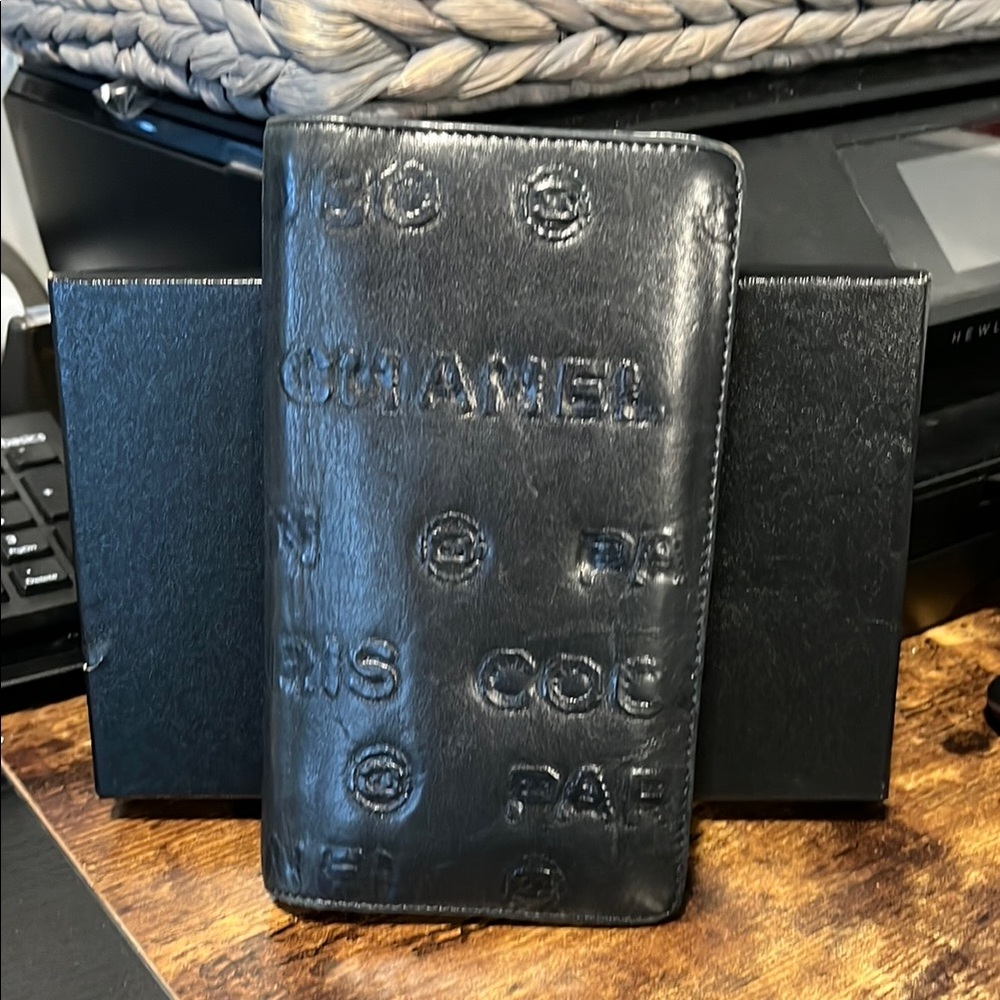 Authentic Chanel Black Embossed Leather Bi-Fold Long Wallet (2008-2009) W/ Box
